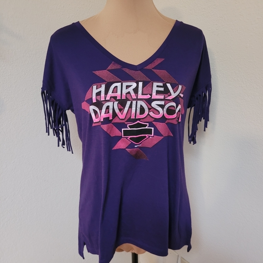 Harley Davidson Purple V Neck Tee With Fringe Sleeves Barnet El Paso TX